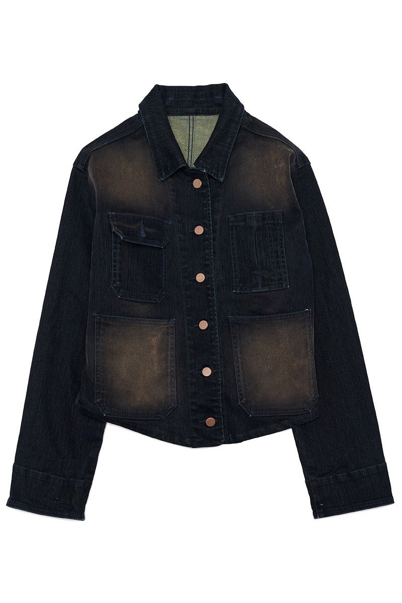 Vintage velvet-texture workwear denim jacket | 2 color