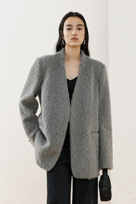 Long-hair plush textured collarless blazer | 2 color