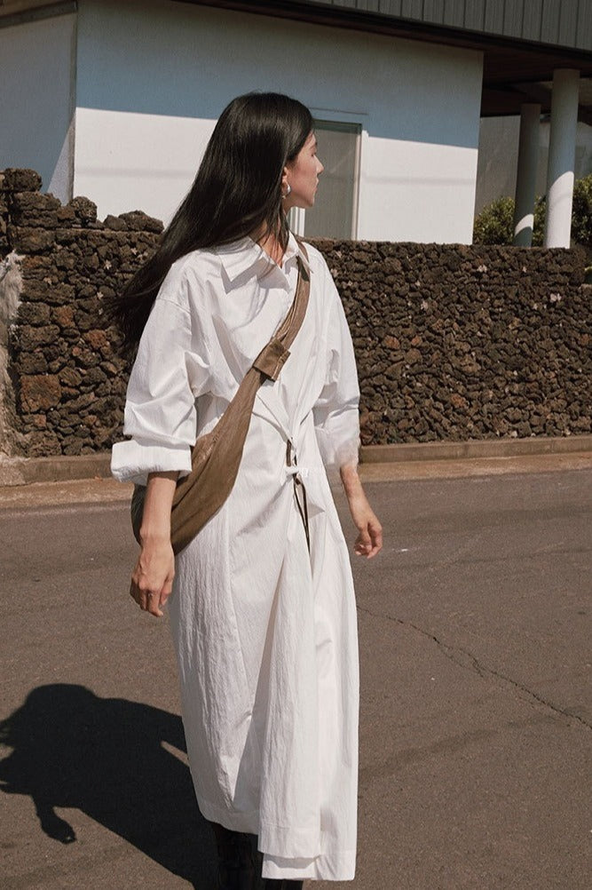 Cotton-nylon knot-belt minimal shirtdress | 3 color