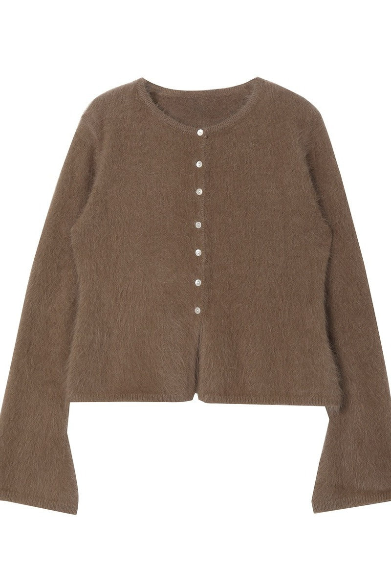 Otter-fleece blend waisted plush cardigan+skirt | bubble tea