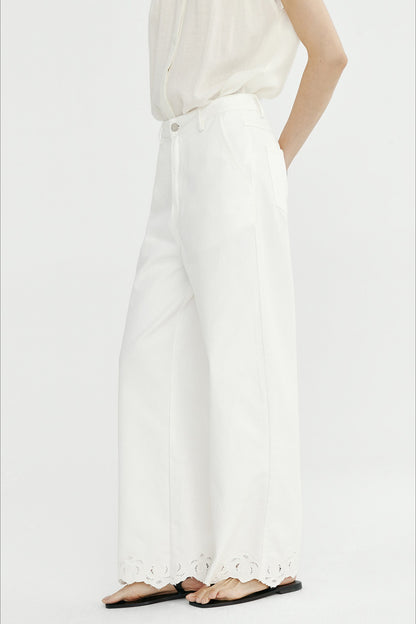 Cotton straight-leg scalloped cutouts hem jeans
