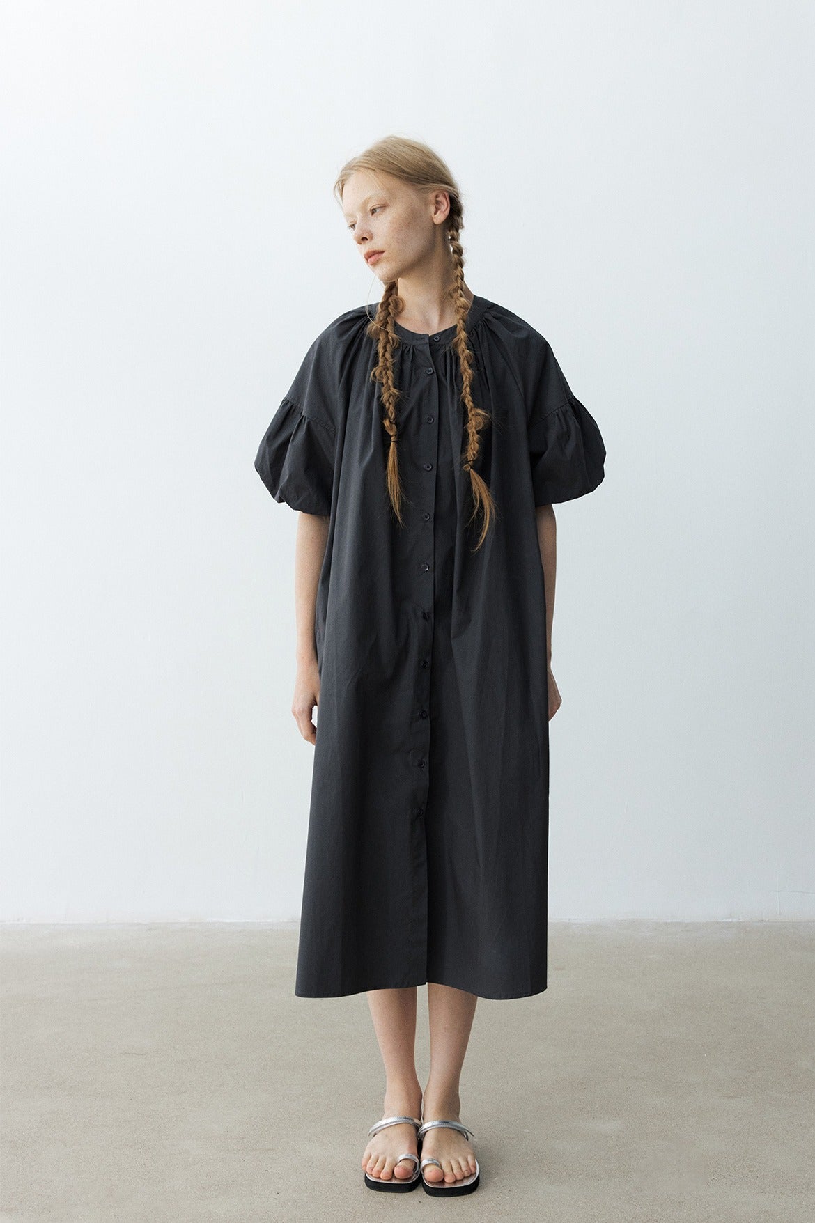 100% cotton bubble sleeves relaxed-fit dress | 4 color