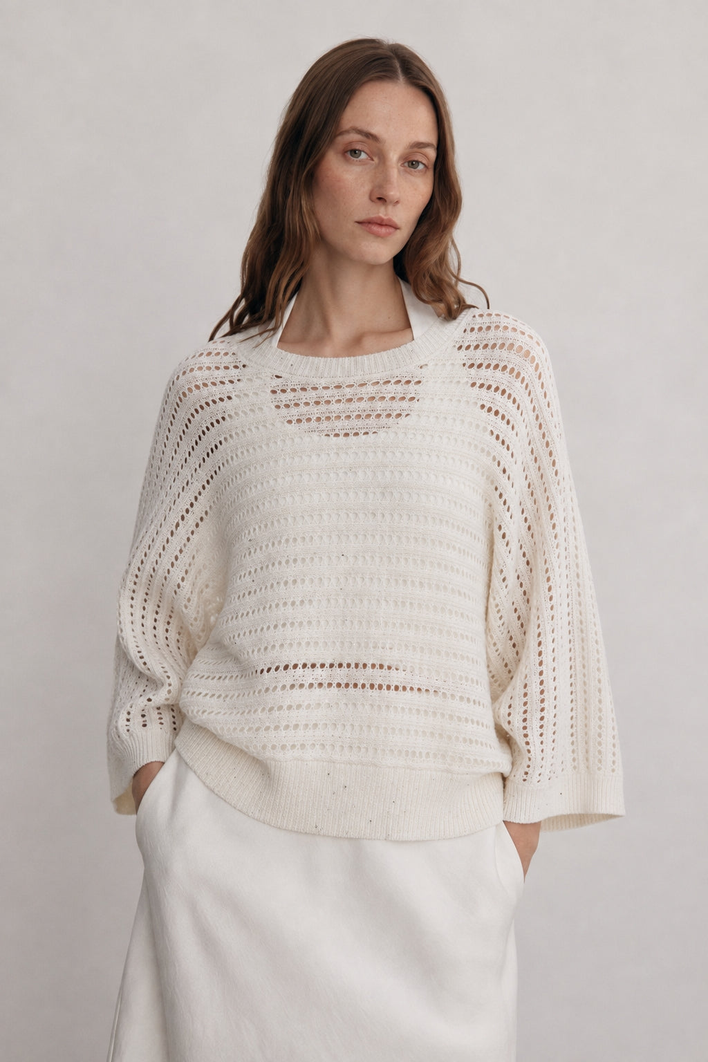 Relaxed square-neck openwork knit top | 2 color
