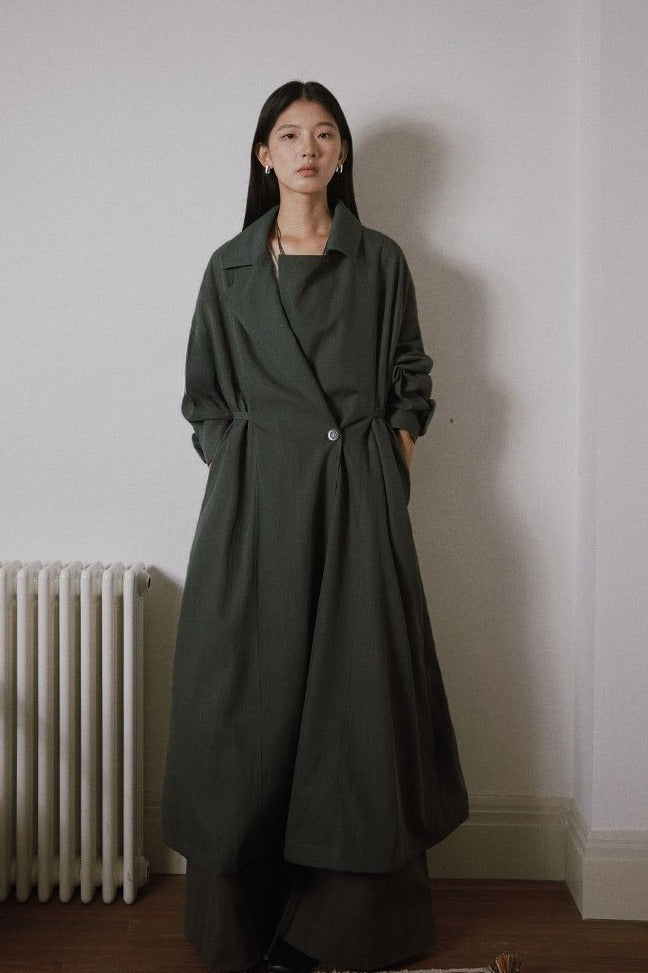 Mid-length waist blet drape trench coat | 3 color