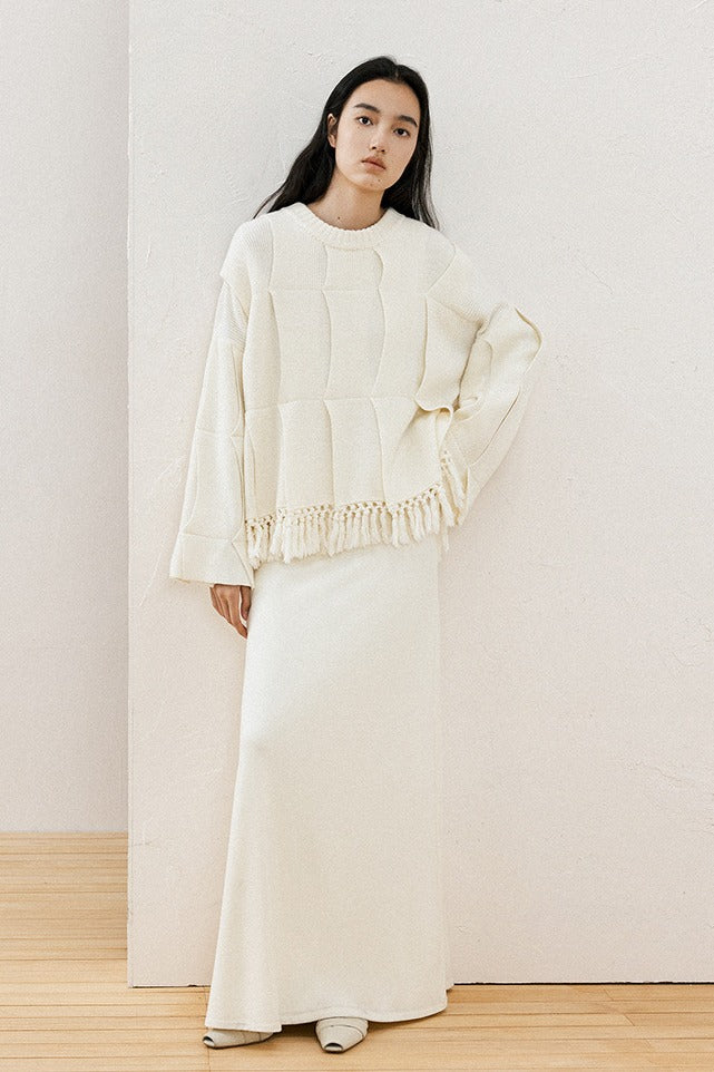 Cotton blend wool layered pattern fringed sweater | 4 color