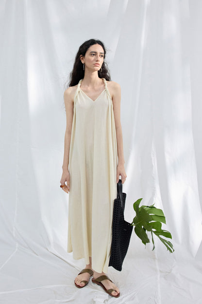 Cotton blend twisted ribbon backless dress | 3 color