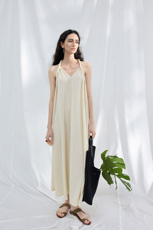 Cotton blend twisted ribbon backless dress | 3 color