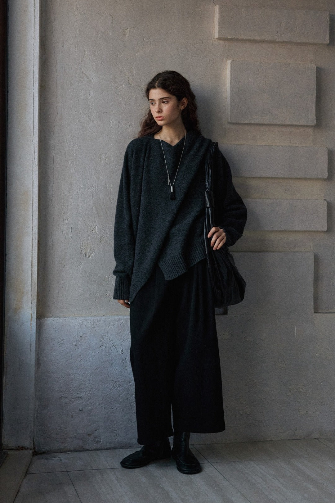 Wool blend wide-leg curved cropped pants | 3 color