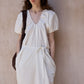 Cotton blend bubble-sleeved cocoon V-neck dress | 2 color