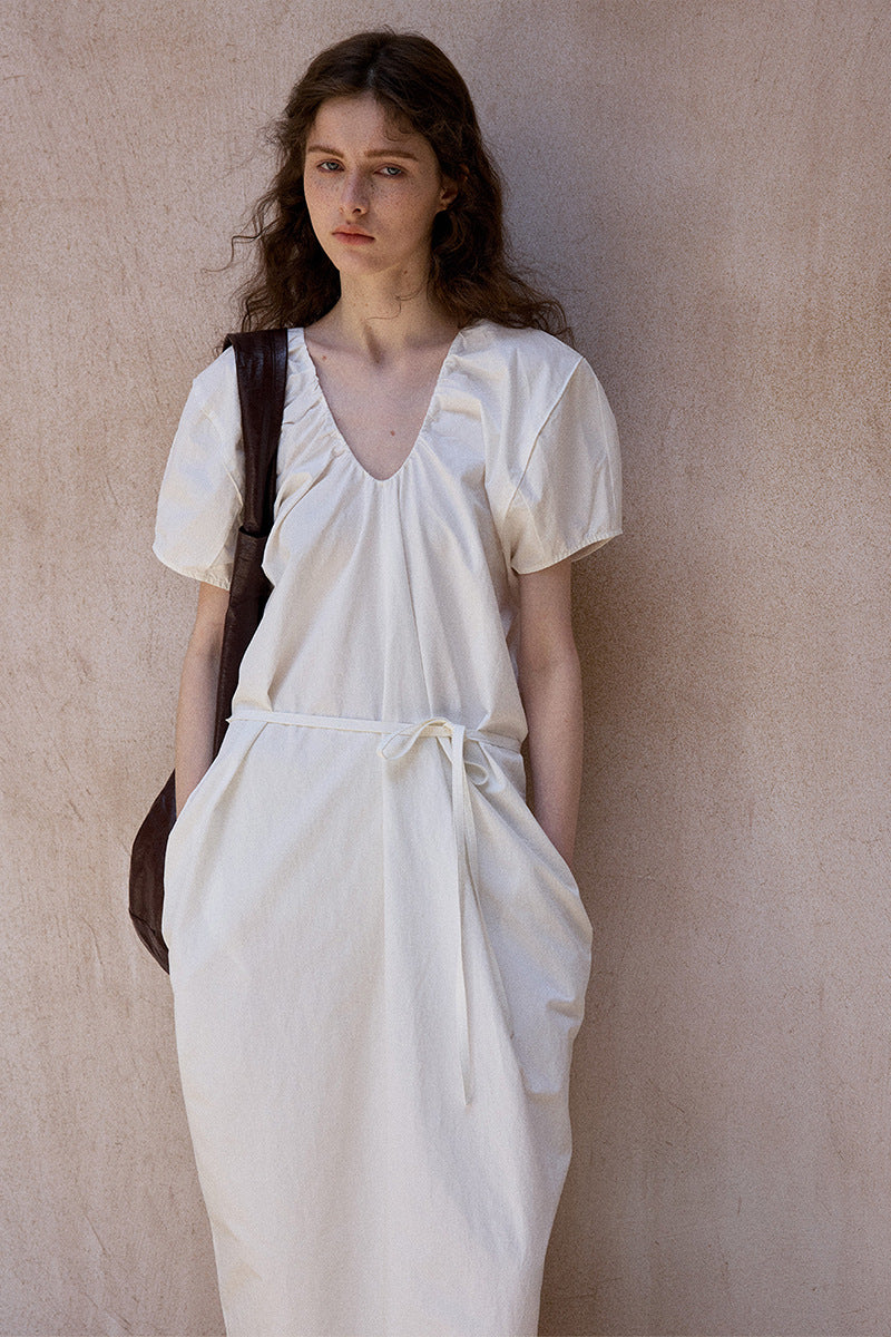 Cotton blend bubble-sleeved cocoon V-neck dress | 2 color