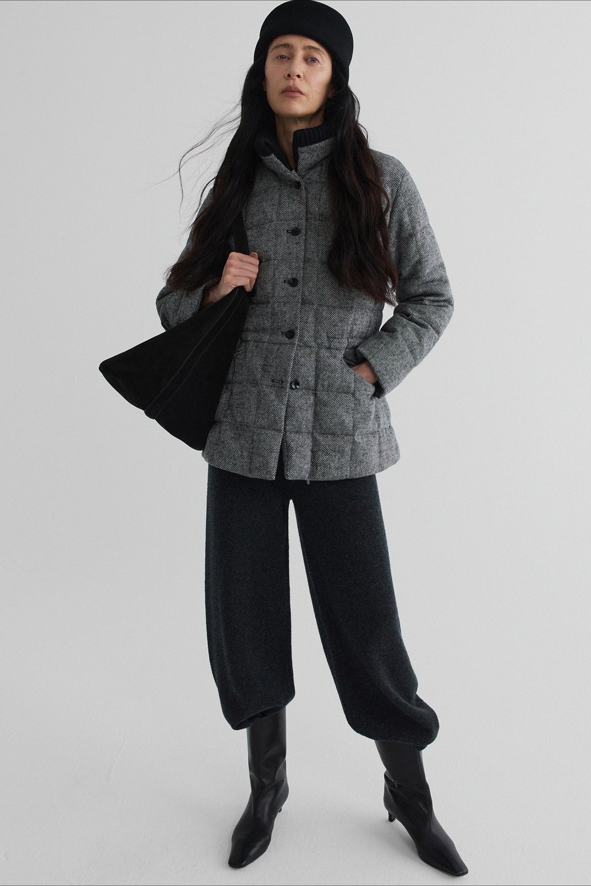 Wool blend fabric with duck down quilted down jacket | 2 color