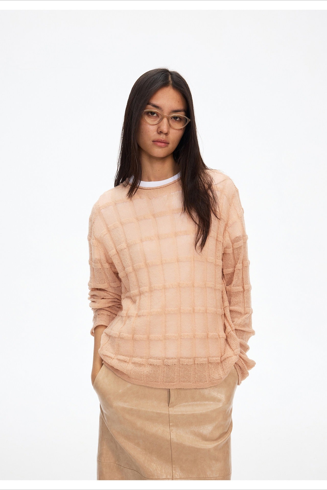 Plaid open-knit semi-sheer knitwear | 4 color