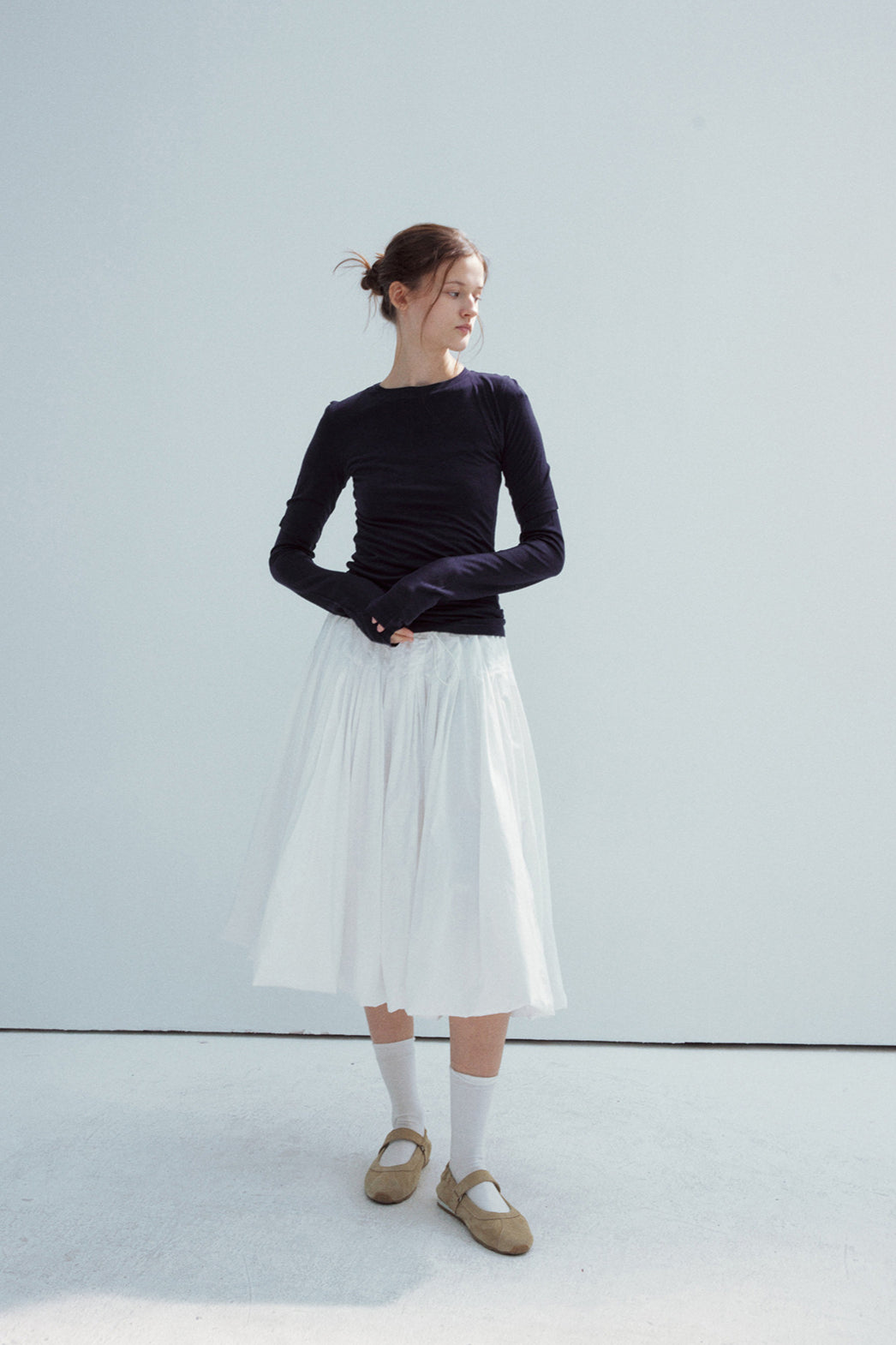 100% cotton elastic waist voluminous hem midi skirt | 2 color