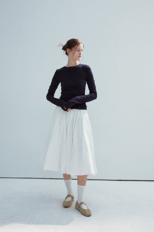 100% cotton elastic waist voluminous hem midi skirt | 2 color