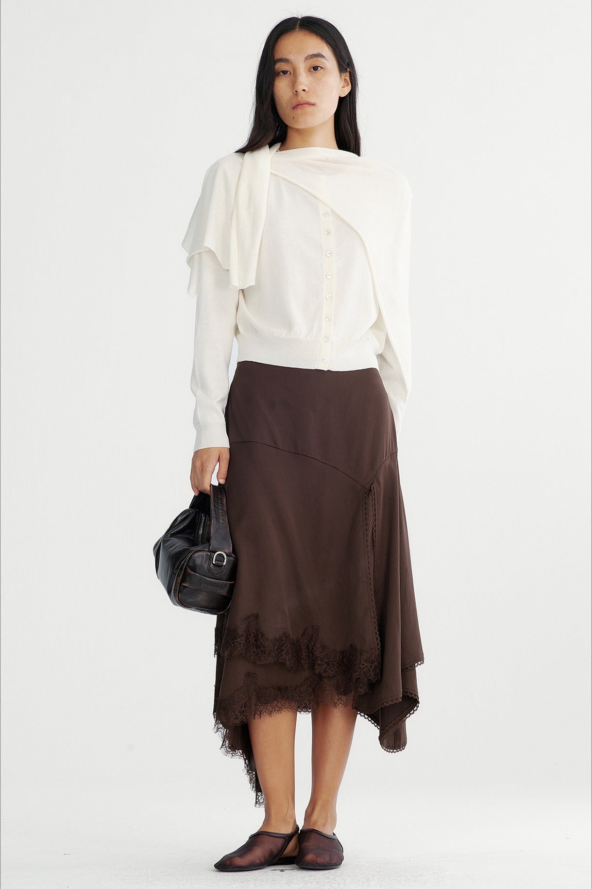Lyocell irregular hem lace insets A-line skirt | 2 color