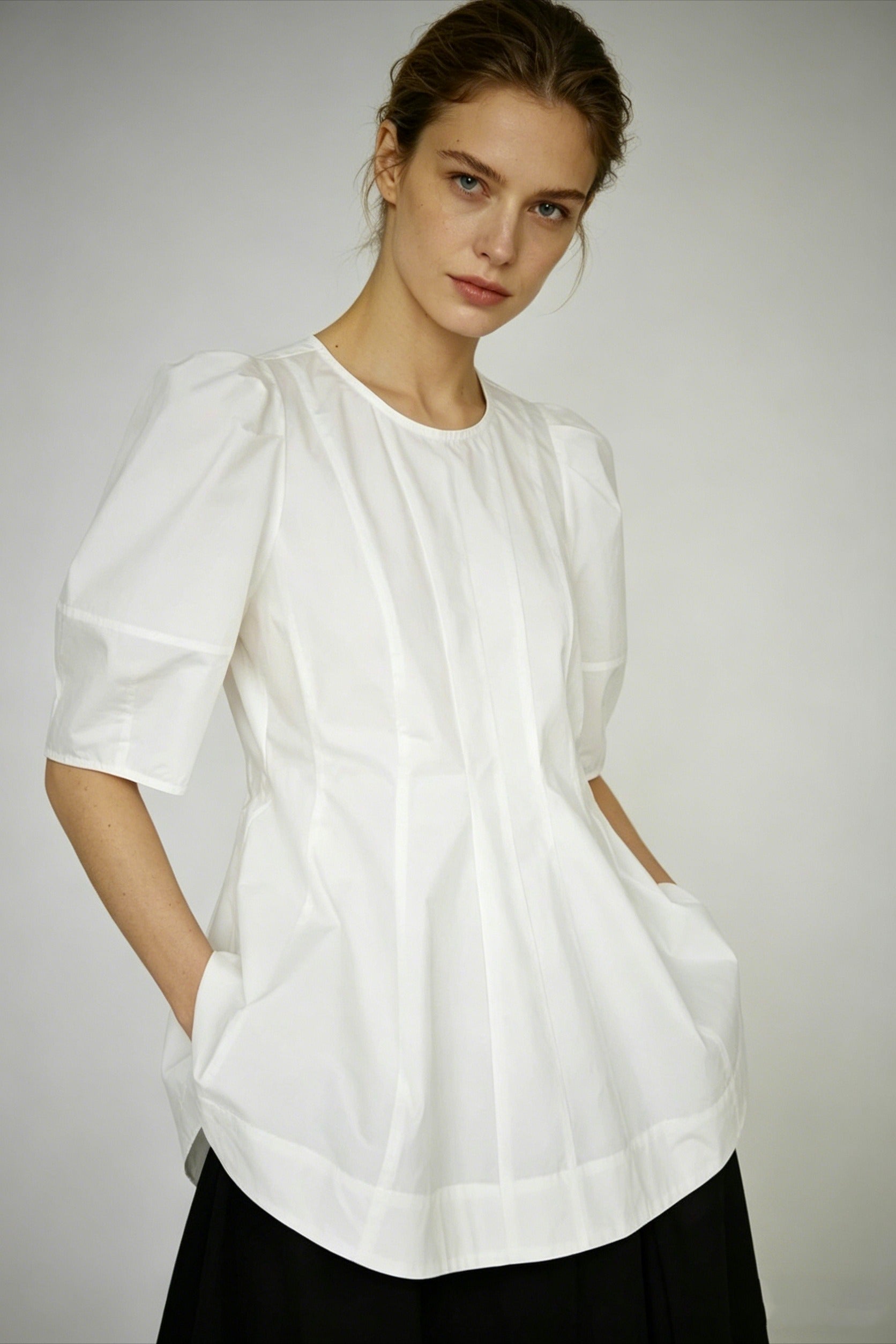 100% cotton puff-sleeves cinched waist blouse | 2 color
