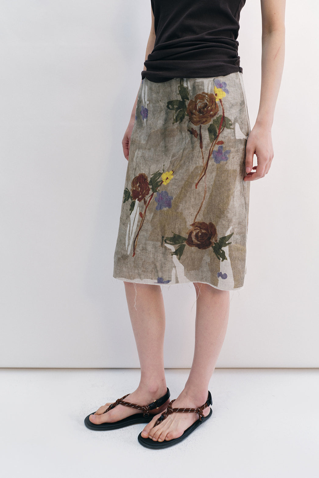 100% linen print raw edge straight skirt | 2 color