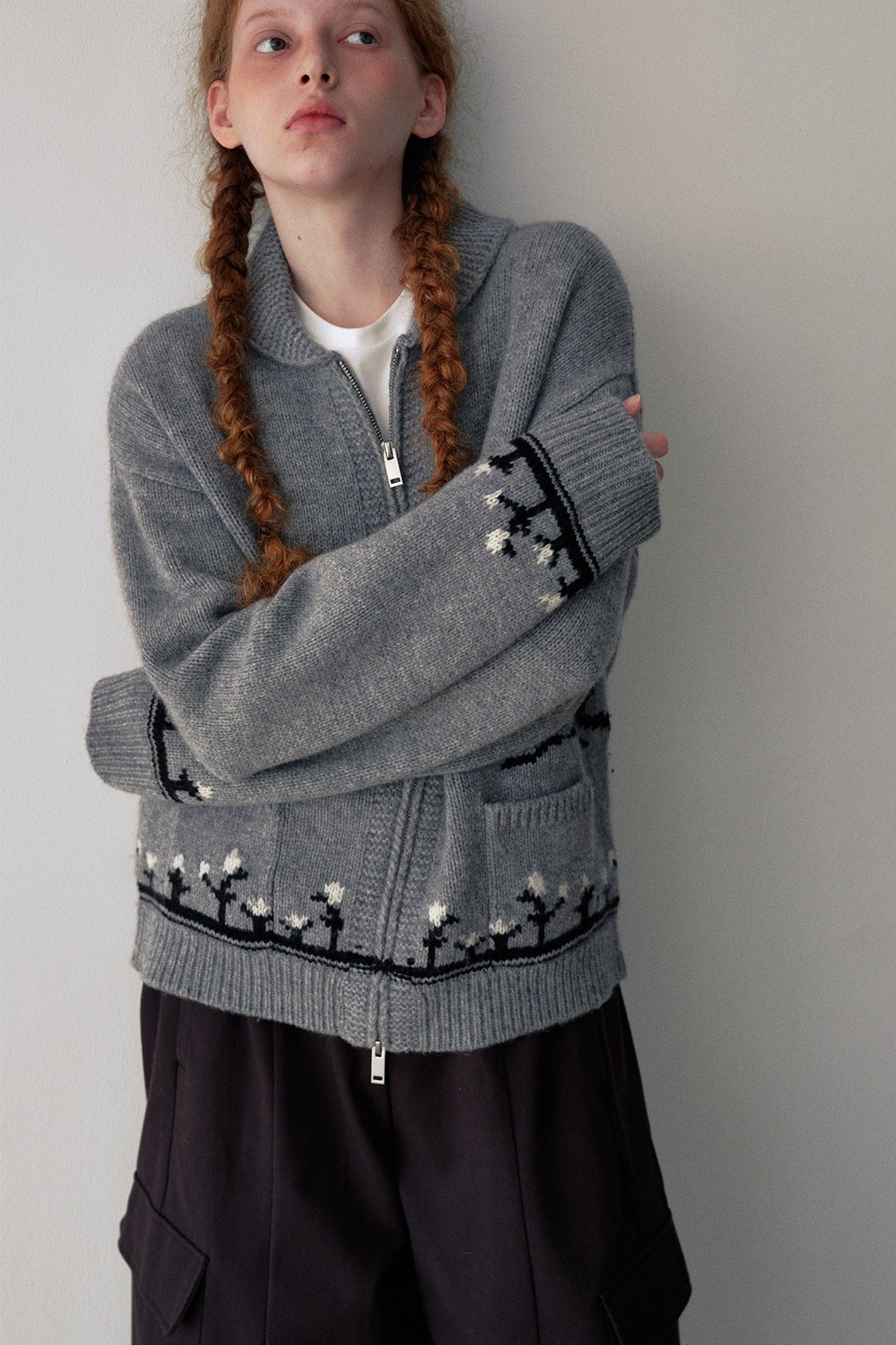 100% sheep wool horse jacquard zip-up cardigan | 4 color