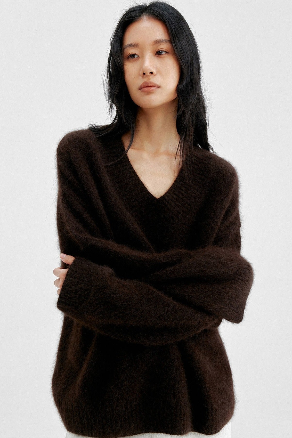Wool blend soft long hair loose-fit V-neck sweater | 3 color