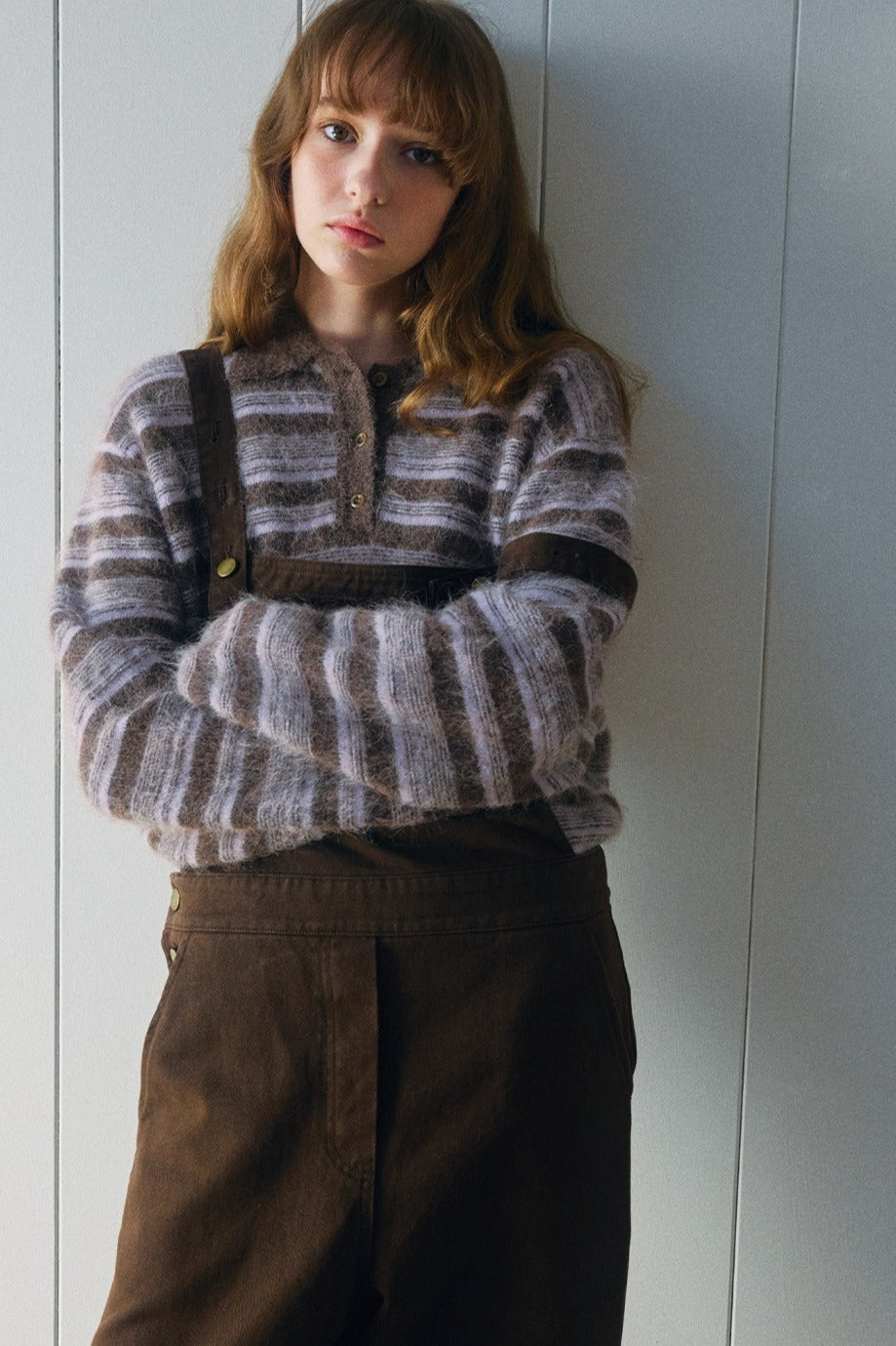 Alpaca blend striped long-hair polo sweater | 4 color