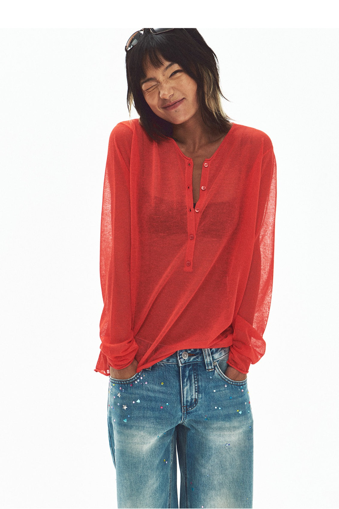 Lightweight sheer henley knit top | 4 color