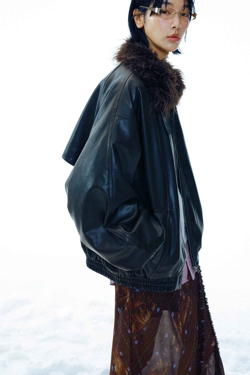 Relaxed-fit cozy collar trendy PU jacket | 2 color