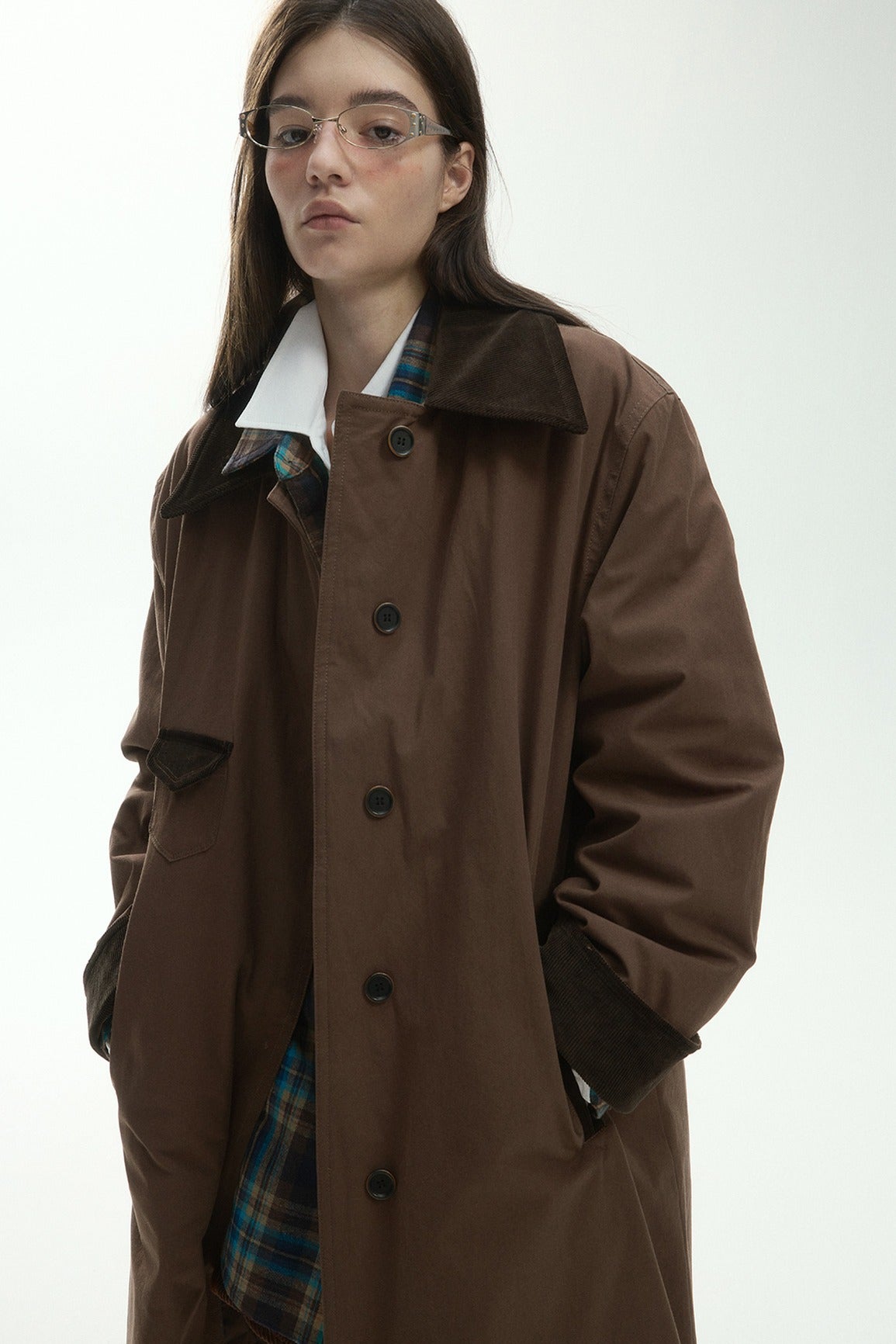 Cotton corduroy color-blocked long padded trench coat | 2 color