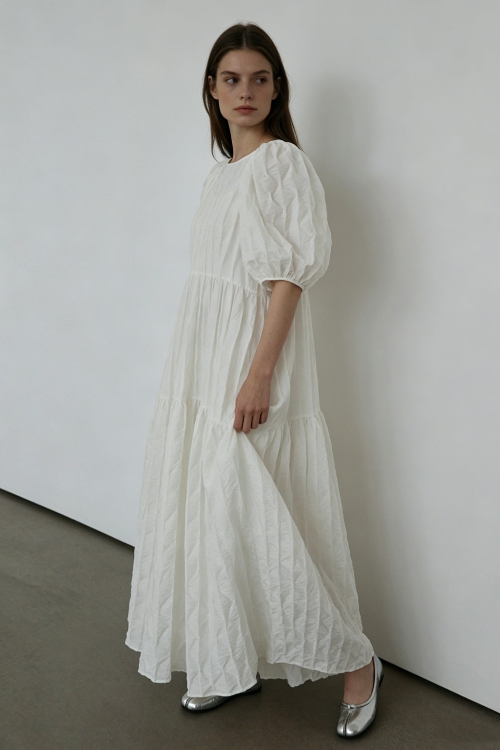 Relaxed crinkle fabric puff sleeve max dress | 2 color