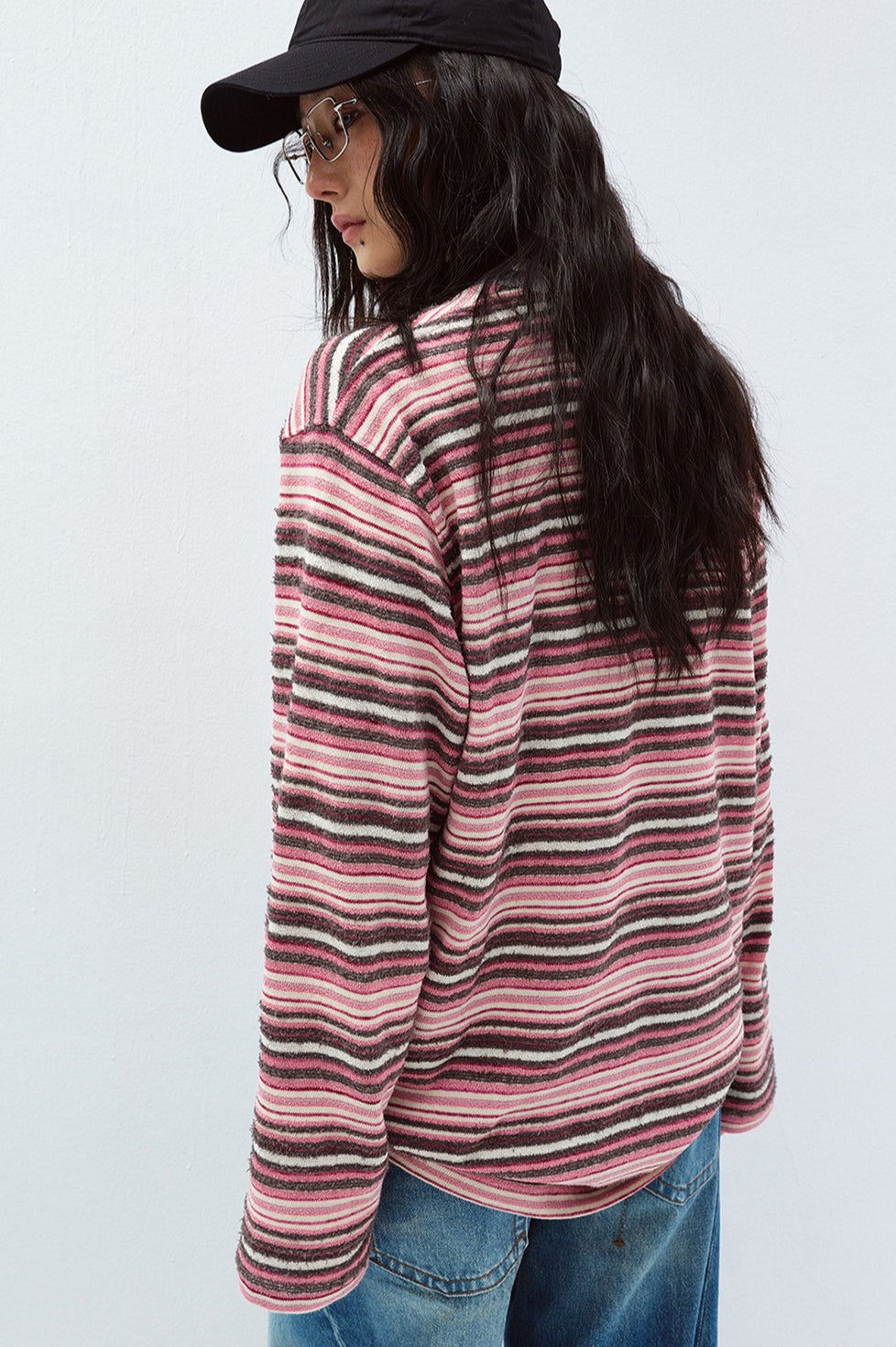 Cotton blend velvet-texture striped T-shirt | 5 color