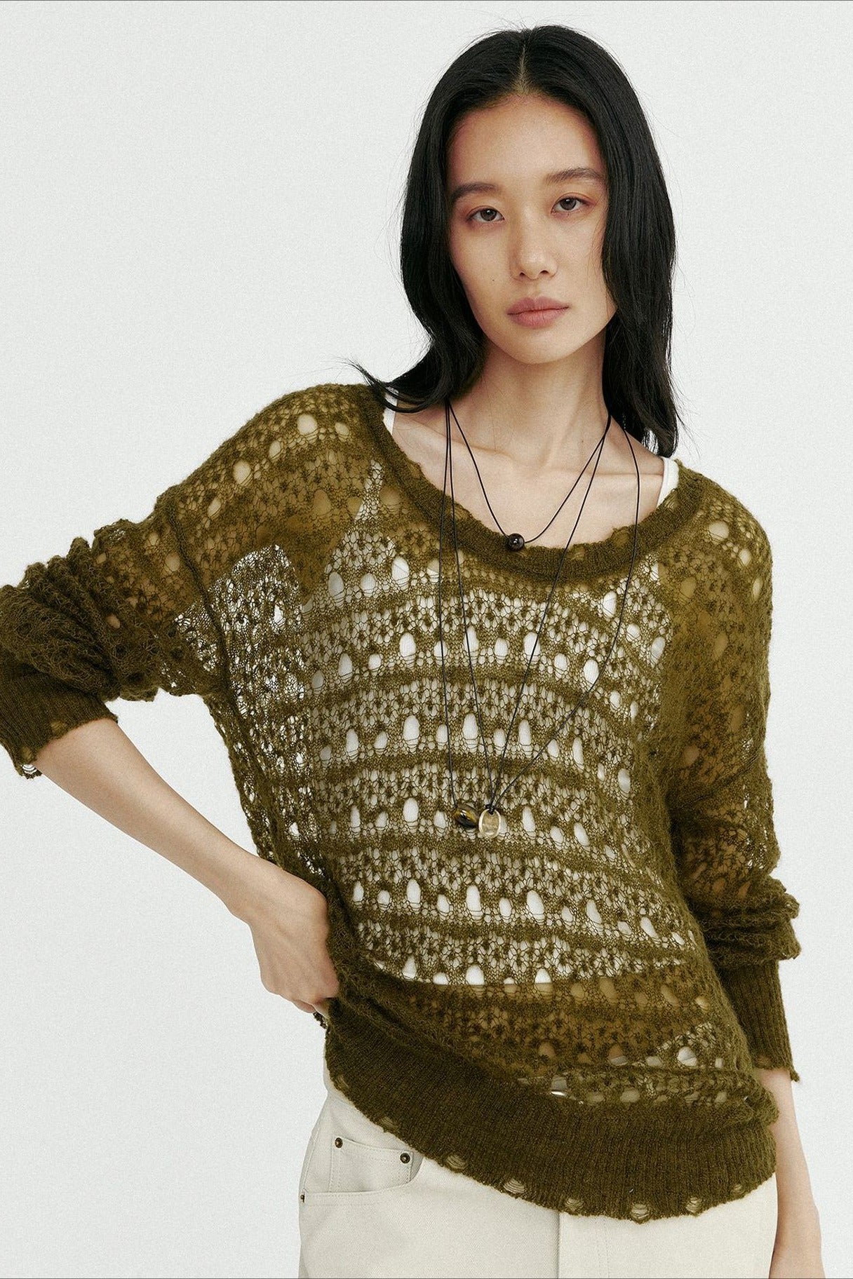Wool blend airy open-knit hole knitwear | 2 color