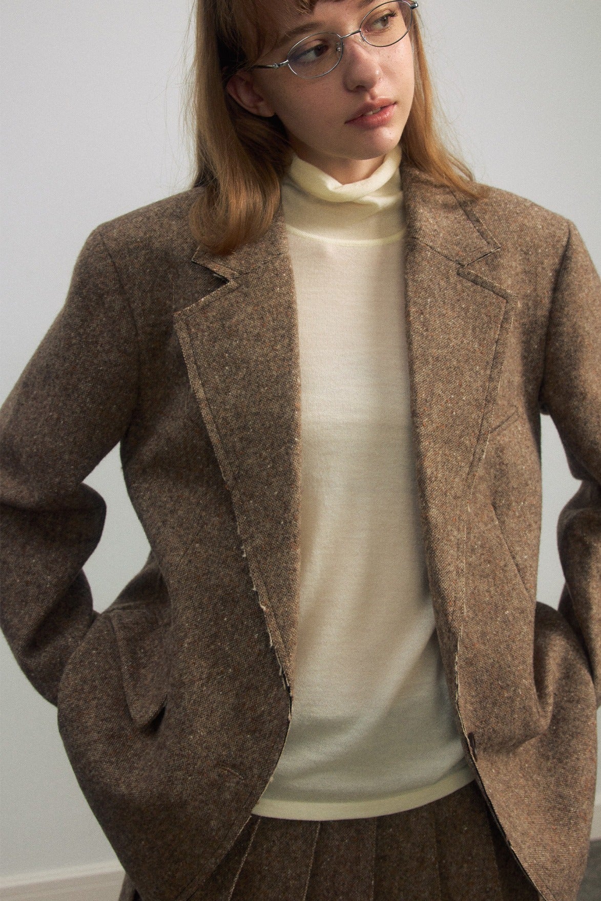 Wool riched structured sharp tweed blazer jacket | 2 color