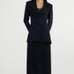 Collarless sleek fit defined waist blazer with padded shoulders | 2 color