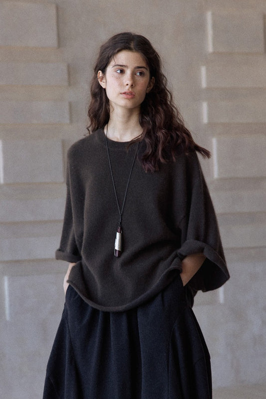 Wool containing loose-fit soft short-sleeve sweater | 3 color