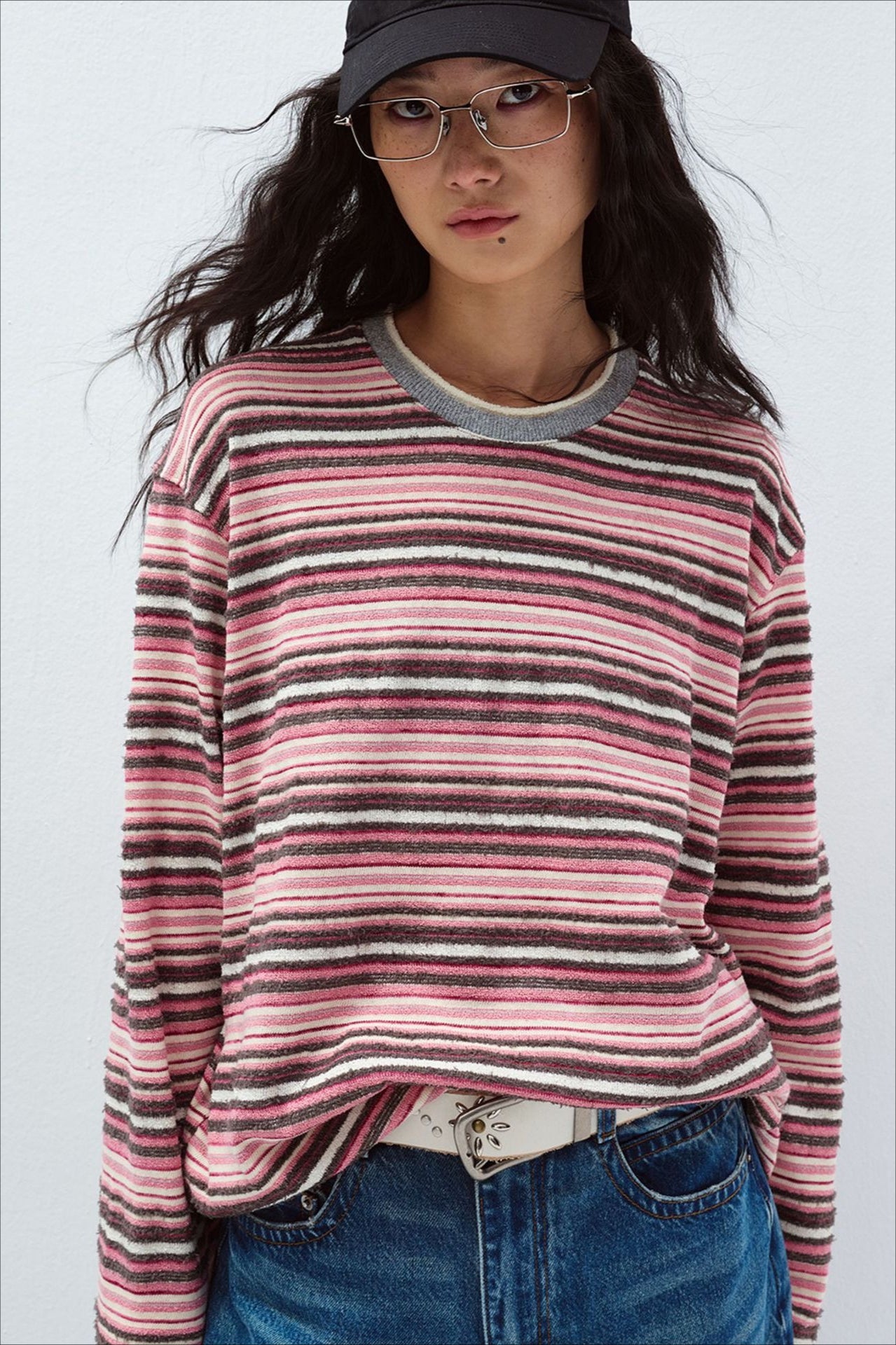 Cotton blend velvet-texture striped T-shirt | 5 color