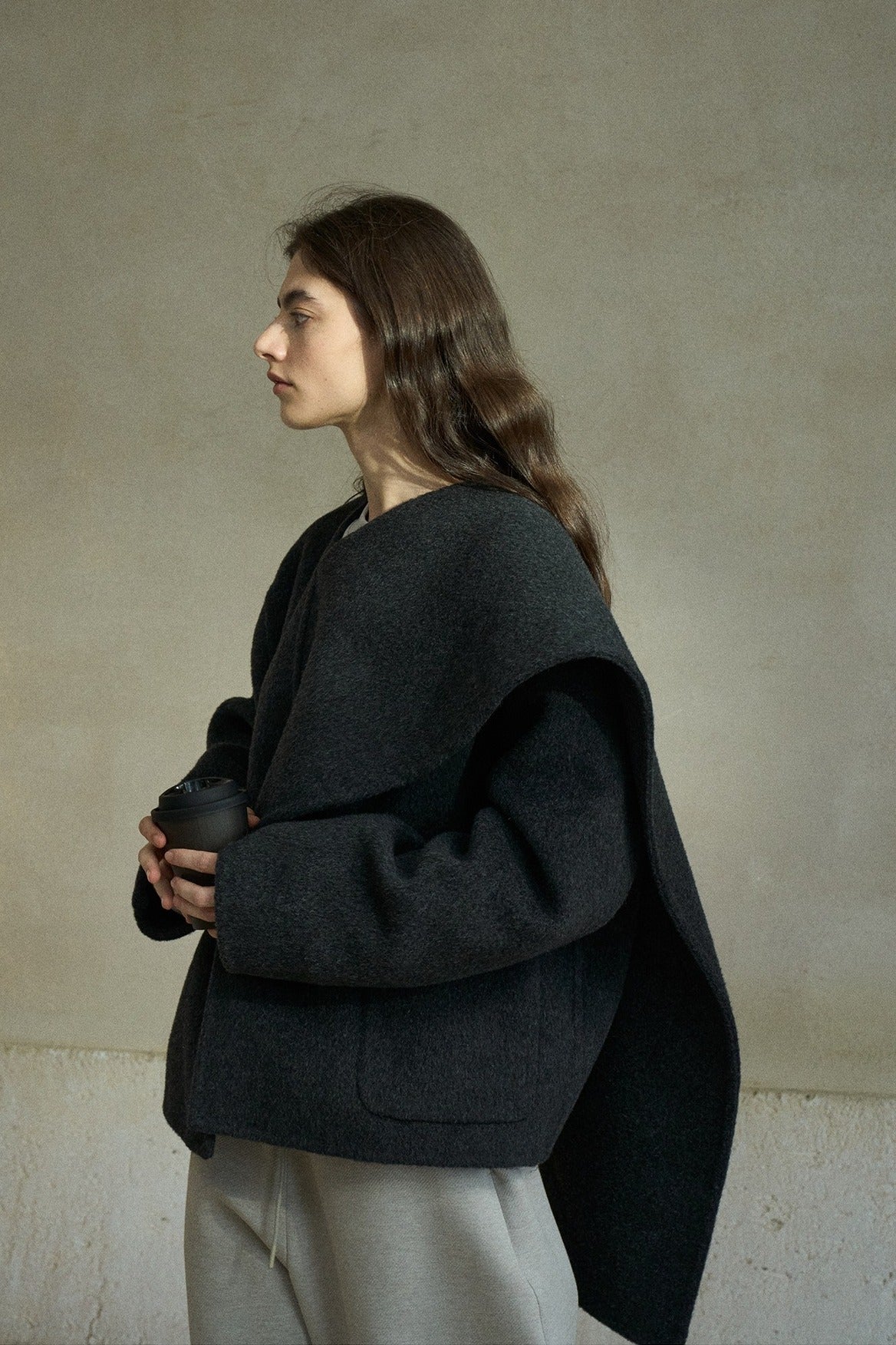 Wool-alpaca scarf-collar elegant jacket | 3 color