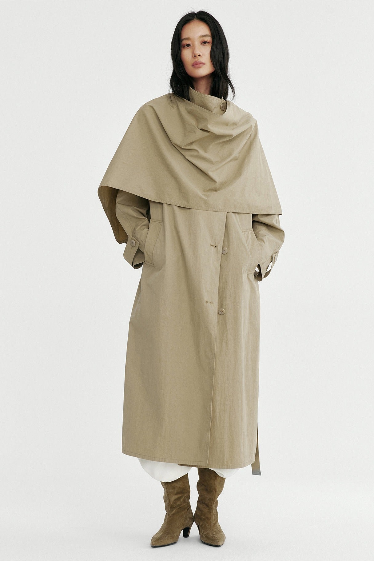 Cotton blend crinkled surface cape trench coat | 2 color