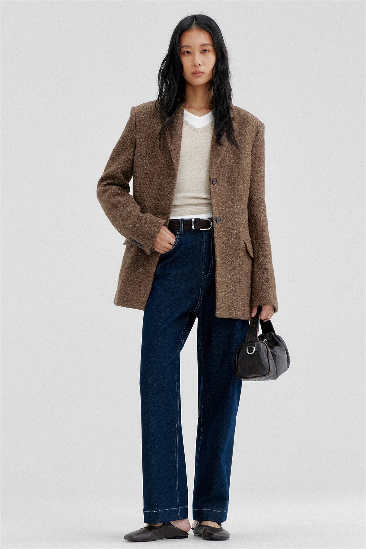 Wool blend tailored waist silhouetted blazer jacket | 2 color