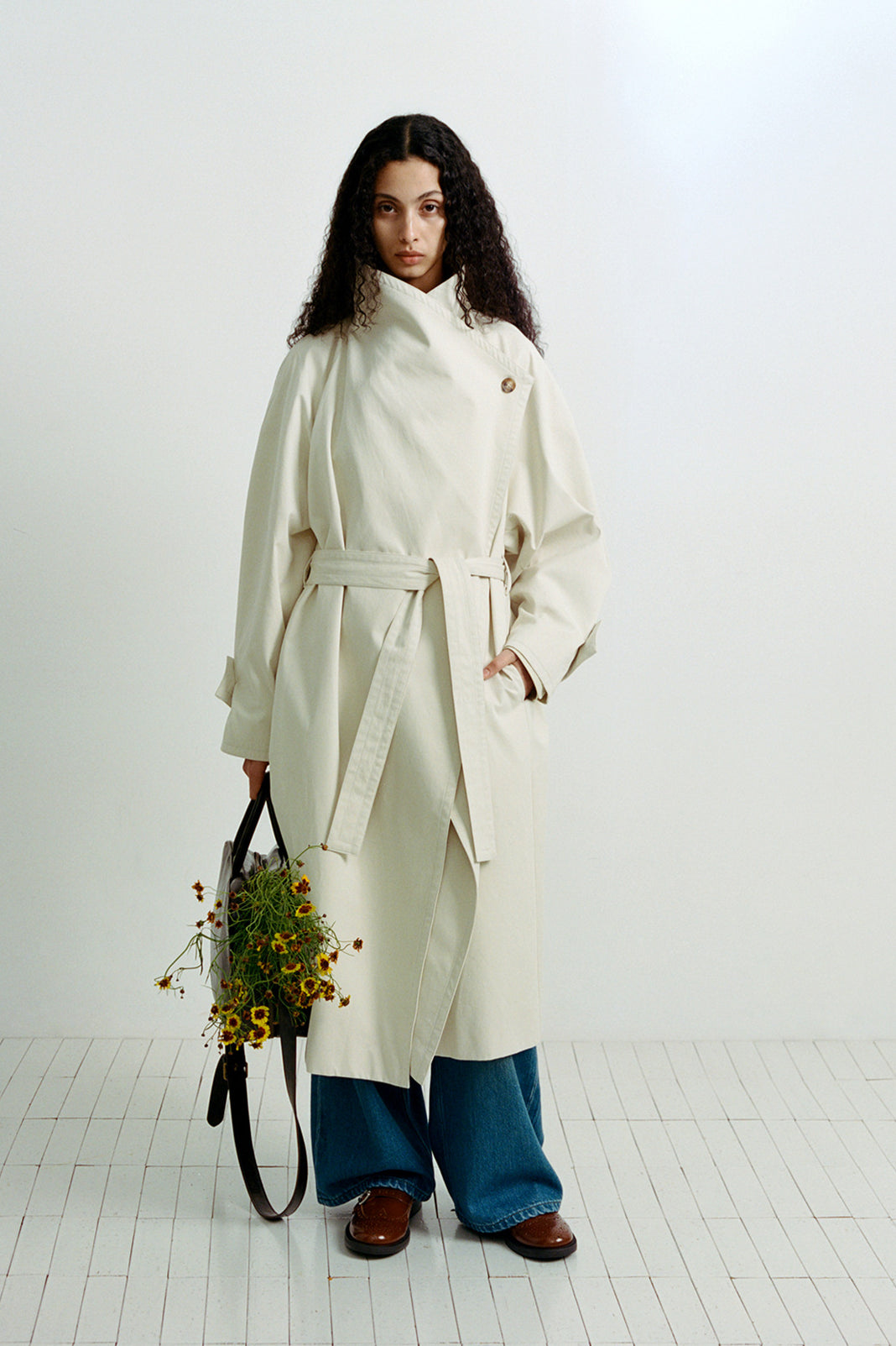 100 cotton wide flipped collar oversized trenchcoat | 3 color