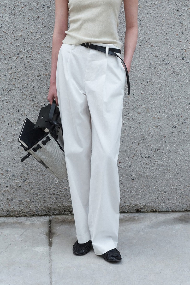 100% cotton straight-leg casual pants with a belt | 2 color