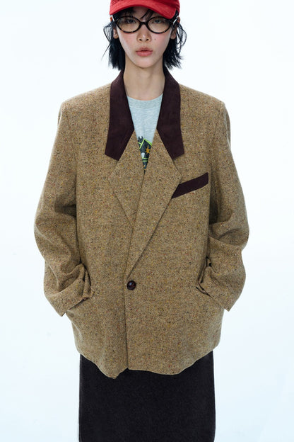 Wool blend loose-fit contrasting design jacket | 2 color