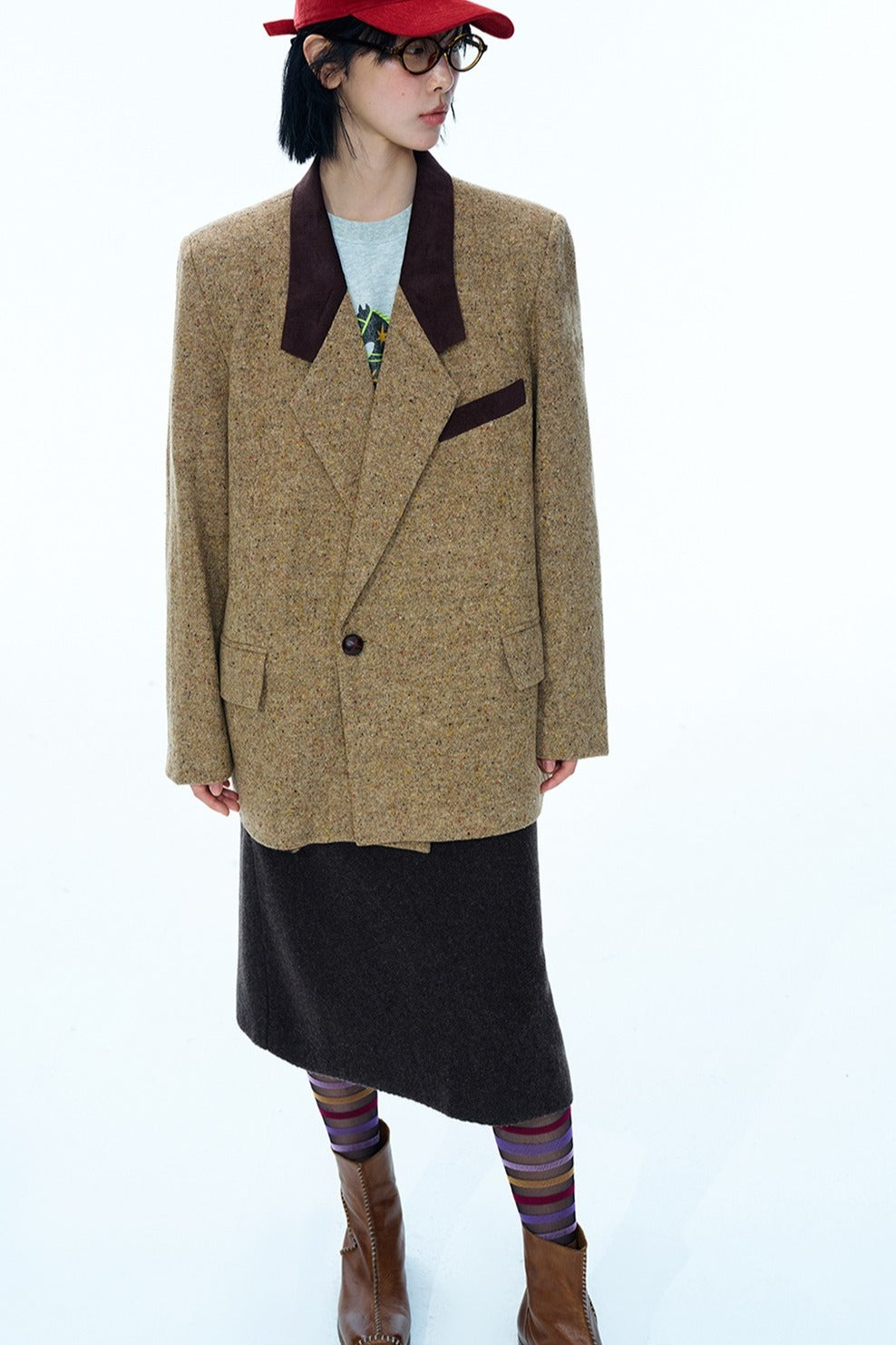 Wool blend loose-fit contrasting design jacket | 2 color