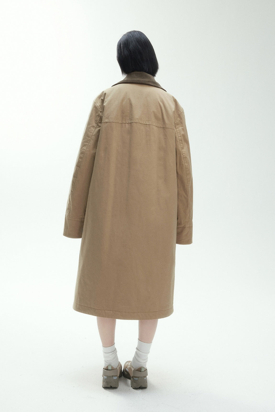 Cotton corduroy color-blocked long padded trench coat | 2 color