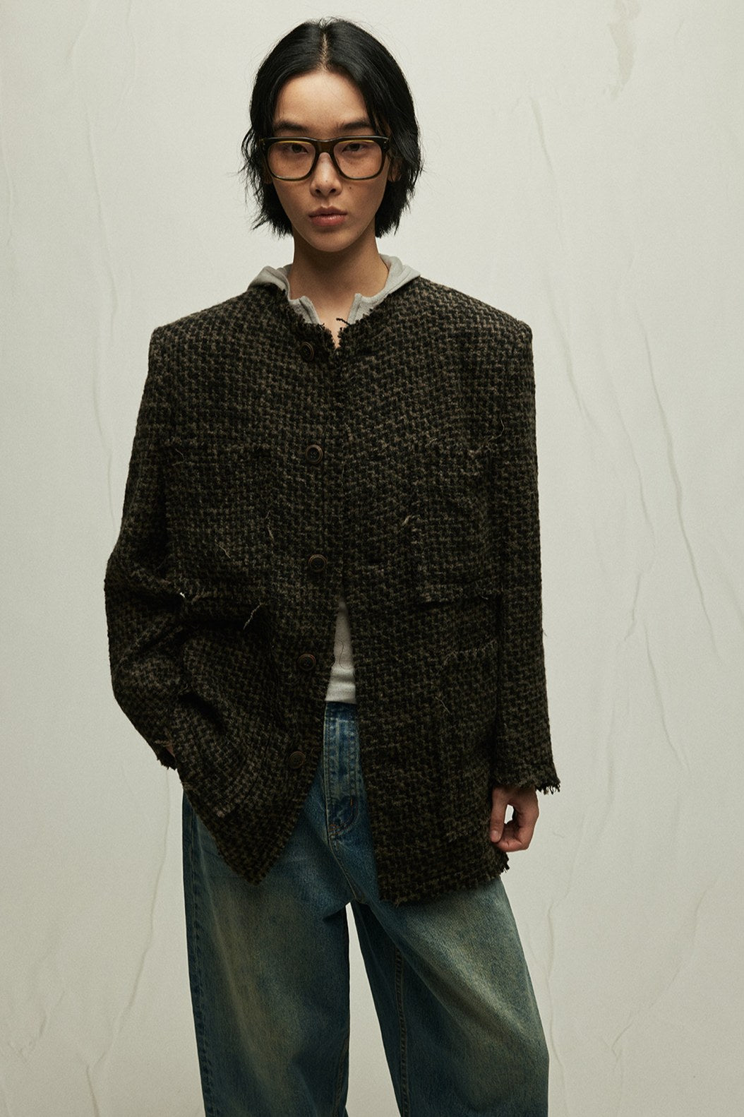 Wool blend textured fringed tweed jacket | 2 color