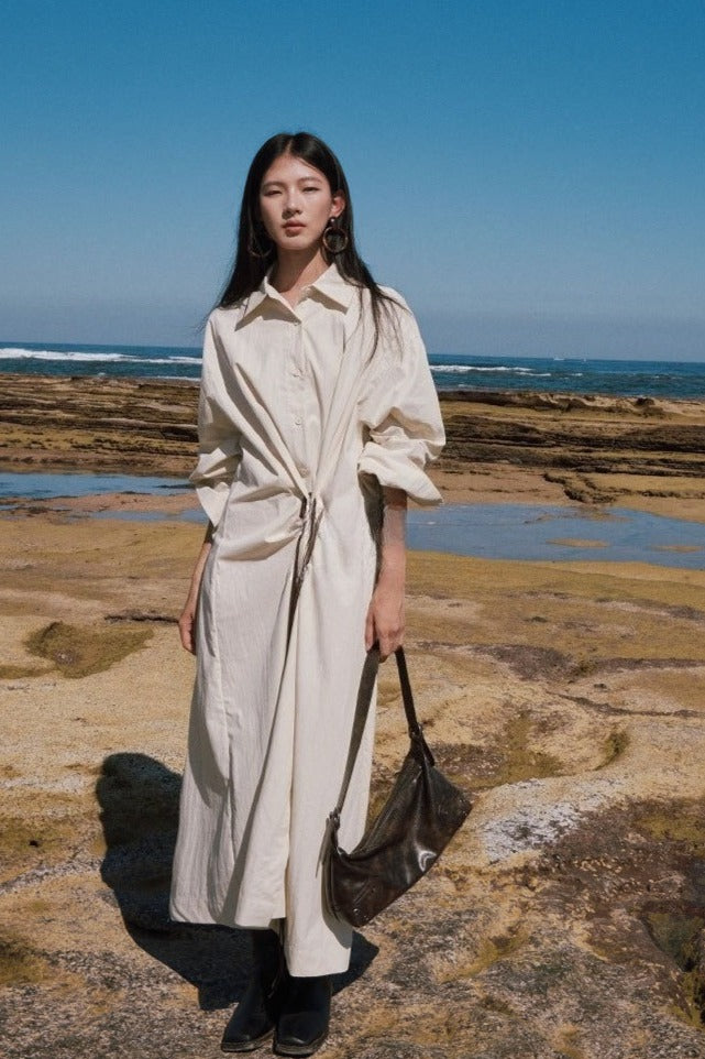 Cotton-nylon knot-belt minimal shirtdress