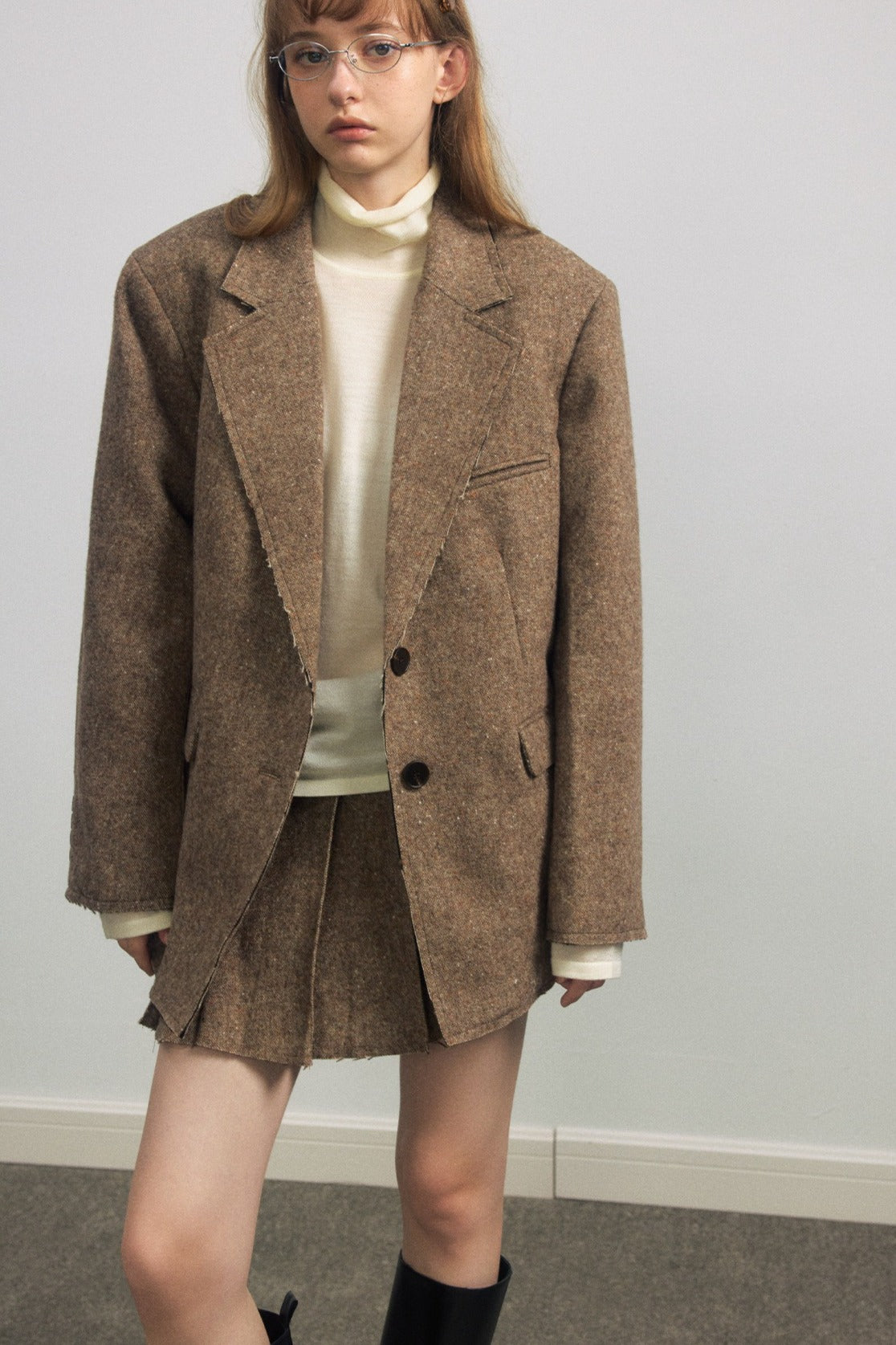 Wool riched structured sharp tweed blazer jacket | 2 color