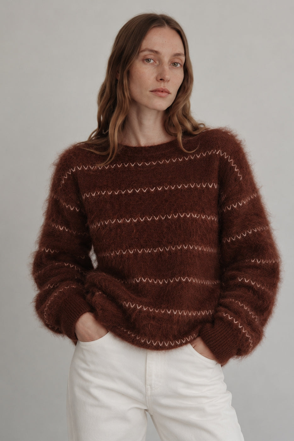 Wool-silk-cashmere fluffy striped sweater | 2 color