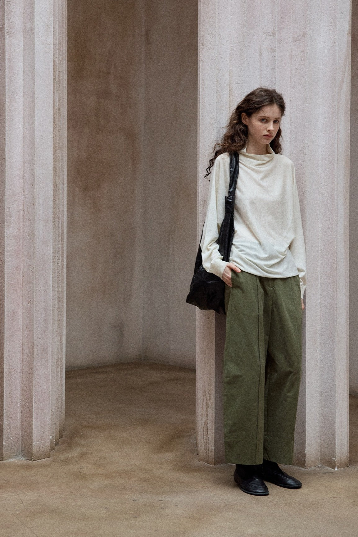 Cotton blend wide-leg slight curved pants | 4 color