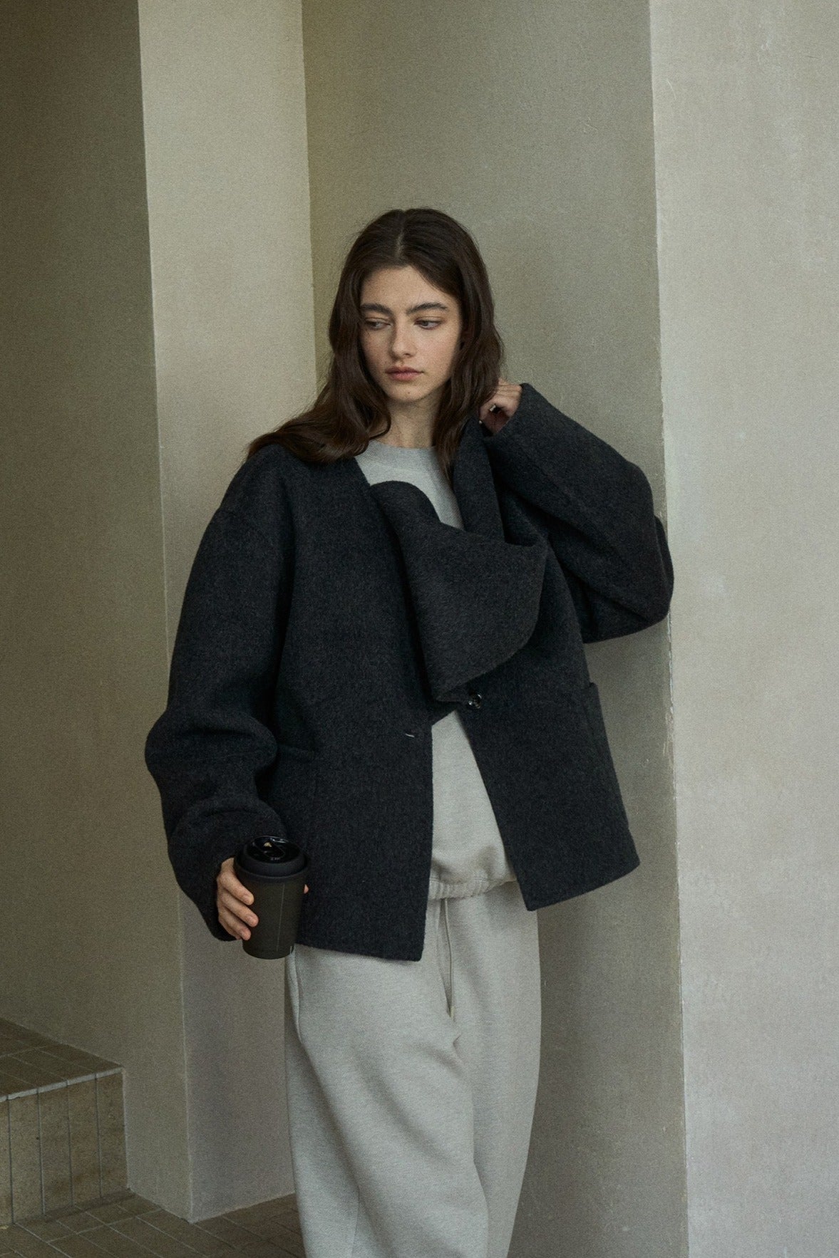 Wool-alpaca scarf-collar elegant jacket | 3 color
