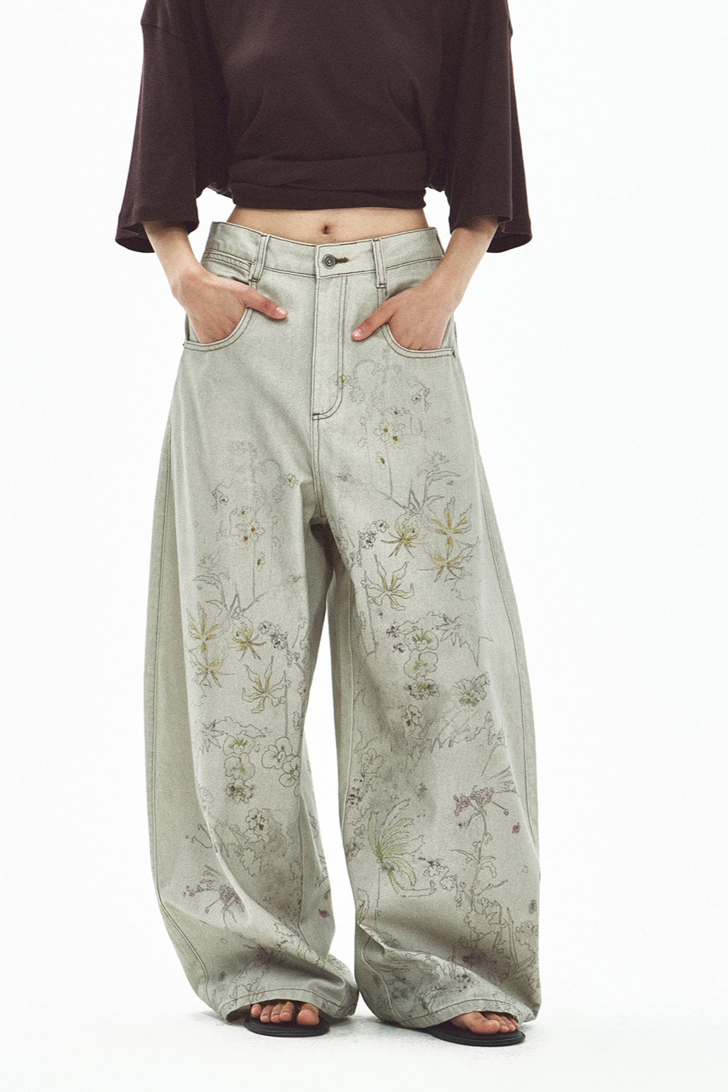 100% cotton wide-leg print jeans