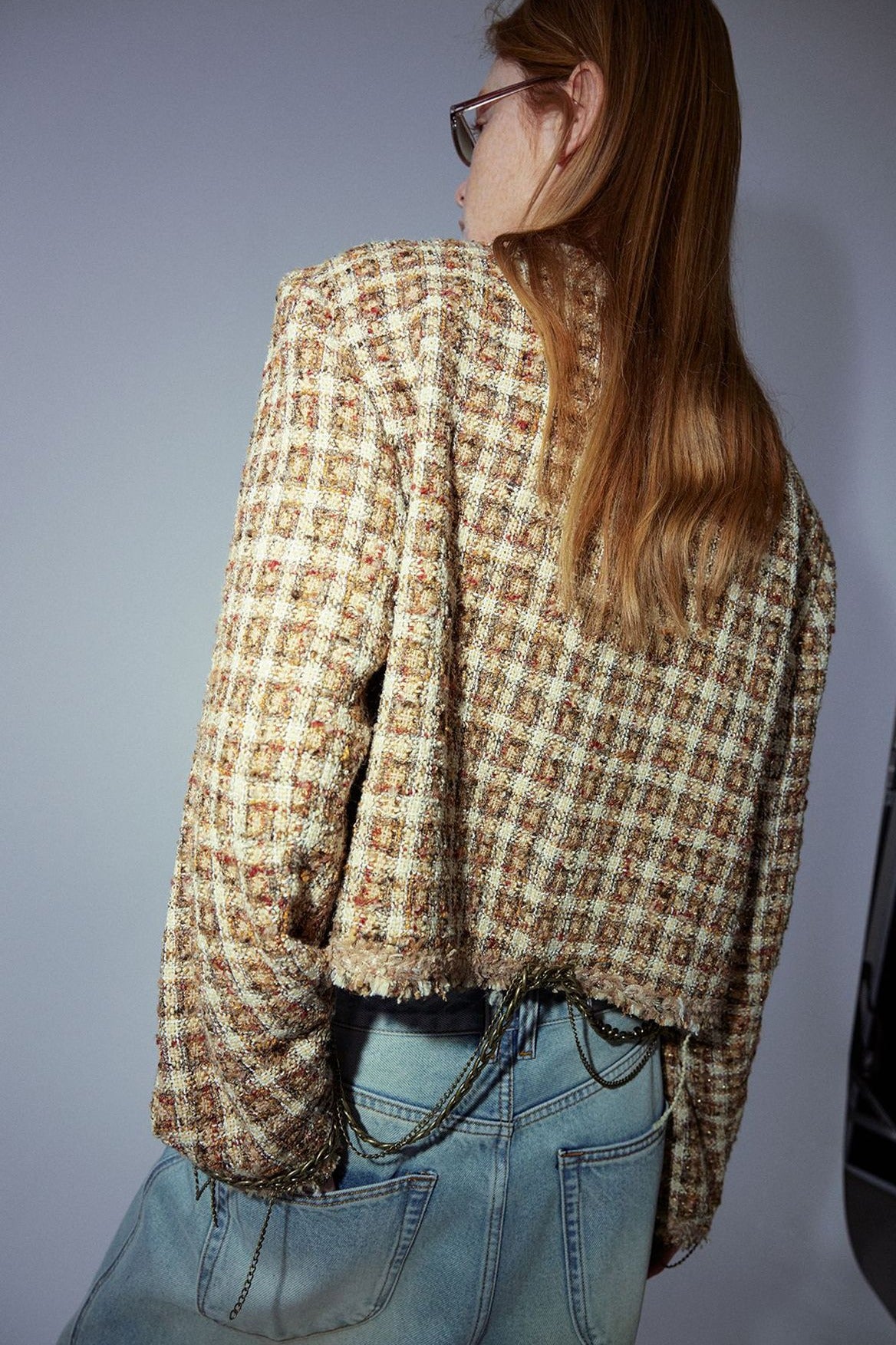 Cropped chain trim rough edge tweed jacket | 2 color